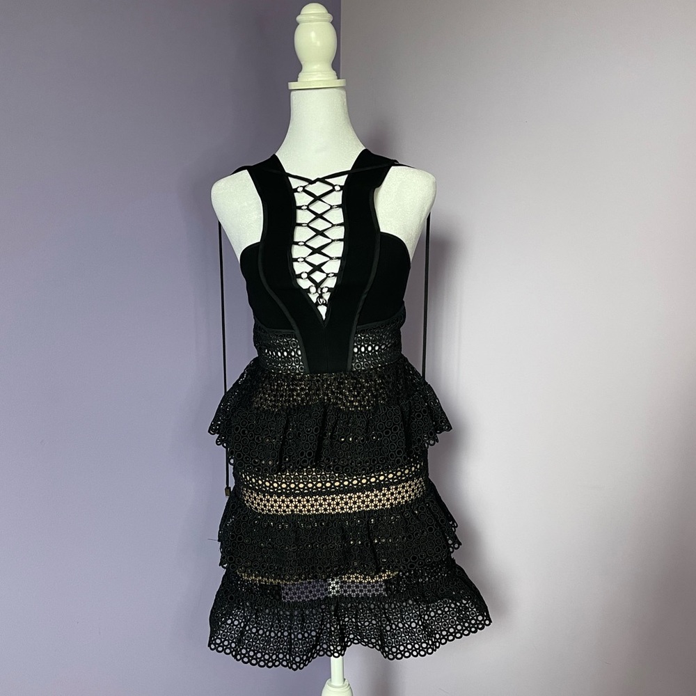Self-Portrait Lace Up Plunging V Ruffle Mini Dress (US2/UK6)